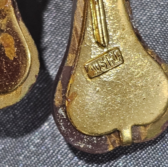 Austrian Collector's Art Glass Floral Pear Pin/Brooch w Crystals in Gold 1940s - Picture 5 of 11